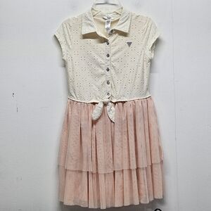 Guess Kids Dress Large Sleeveless Button Tie Front Shimmer Tiered Skirt Lined